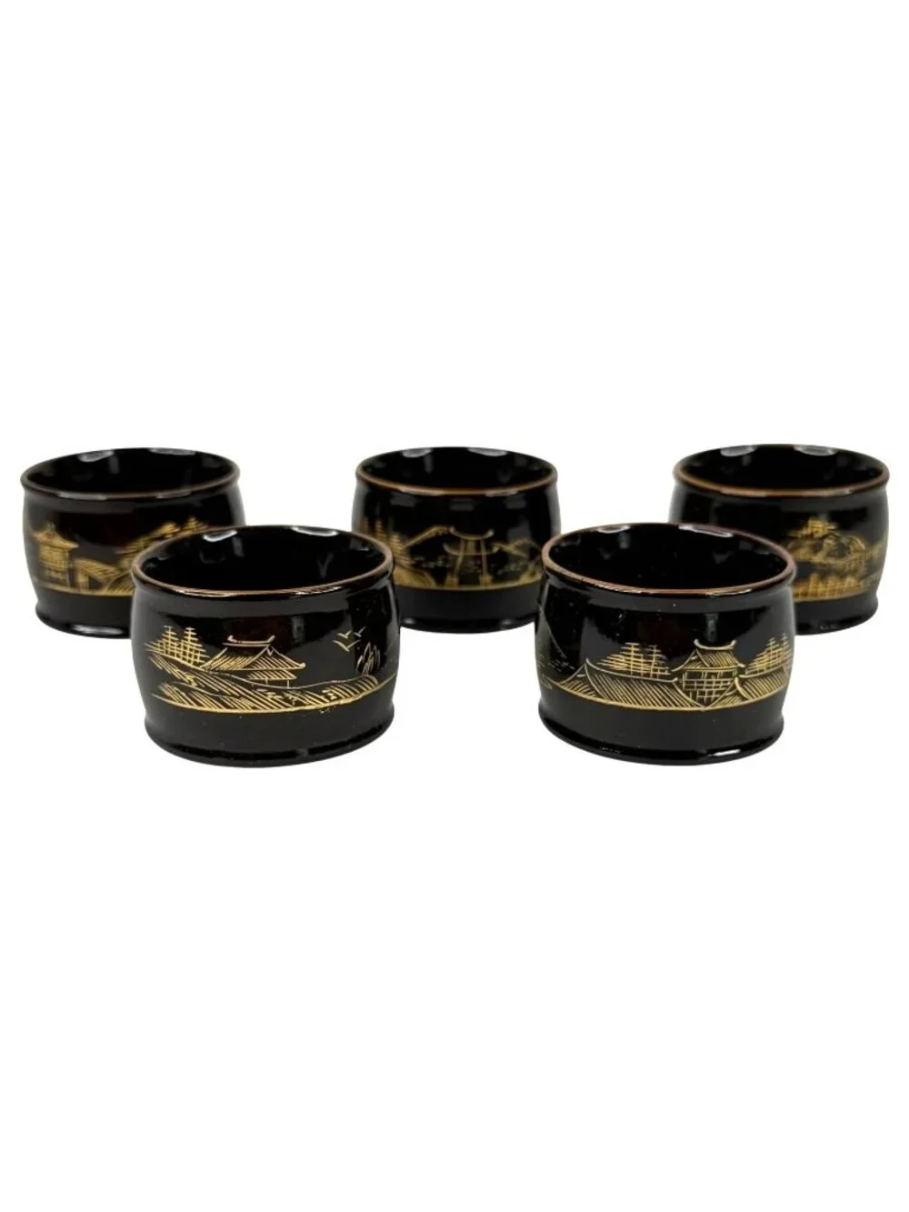 Vintage Set‎ 5 Japanese Lacquer Napkin Rings Black & Gold Hand Painted Landscape